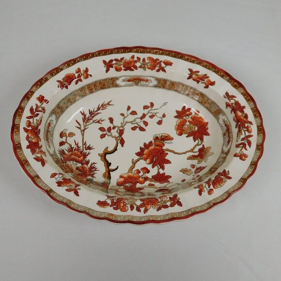 Spode Indian Tree 10 inch Oval Vegetable Bowl New Backstamp Orange Rust Scallop - Picture 1 of 12